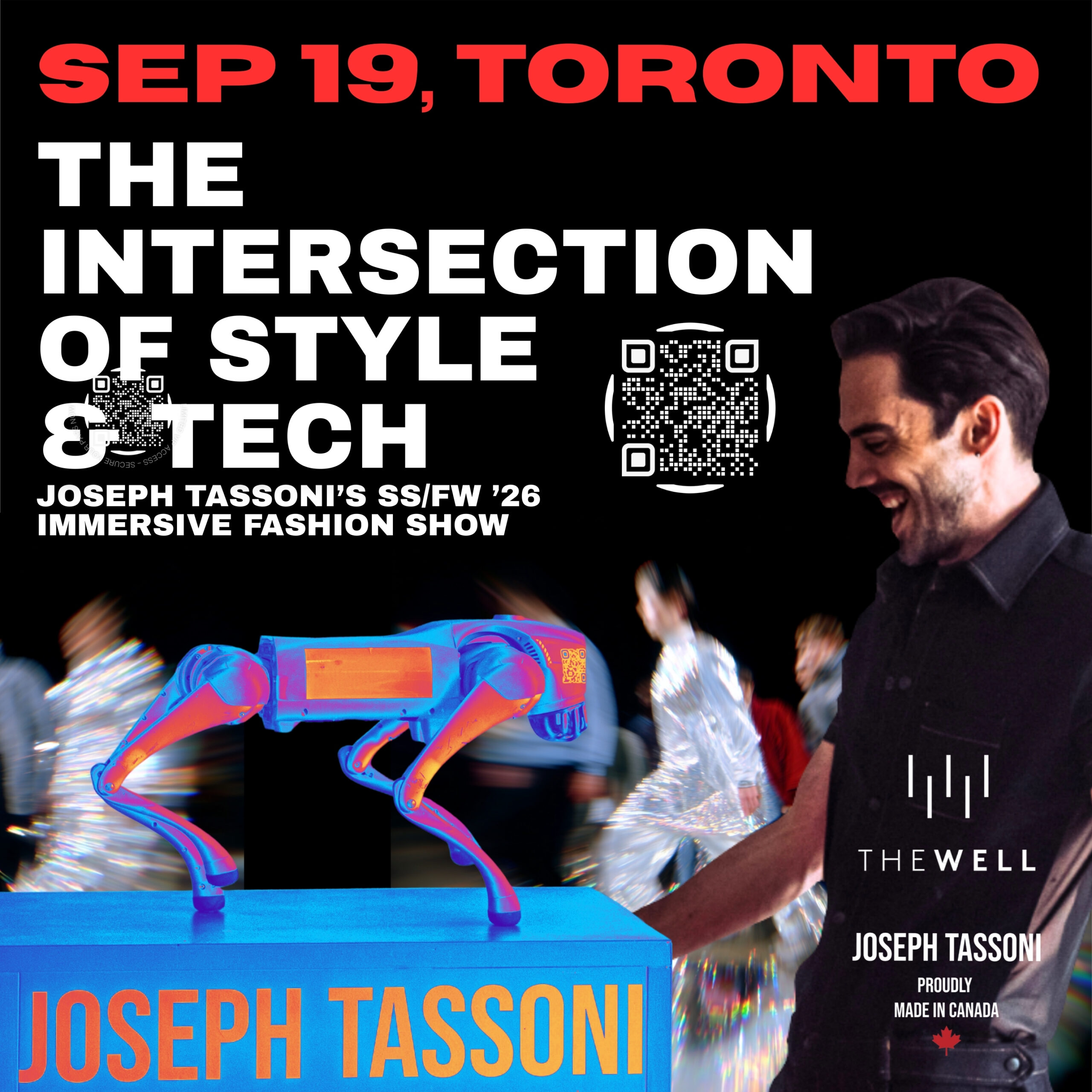 Promotional poster for The Intersection of Style & Tech immersive fashion show with Joseph Tassoni, featuring futuristic visuals, happening September 19, 2025 at The Well in Toronto.