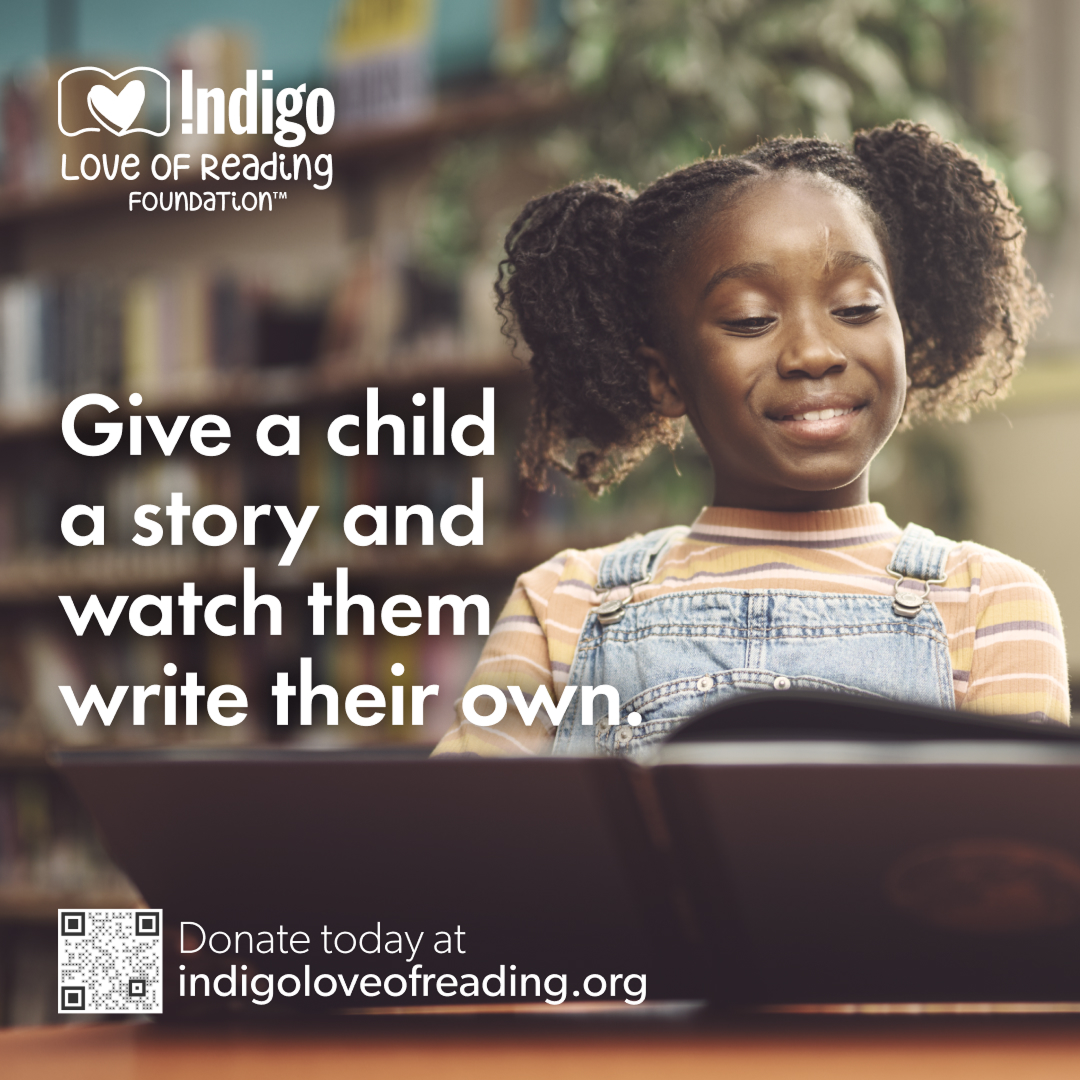 Smiling child holding a book with text that reads, “Give a child a story and watch them write their own,” promoting the More Than a Book campaign.
