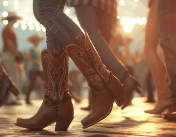 Line dancers in cowboy boots stepping in unison on a wooden dance floor